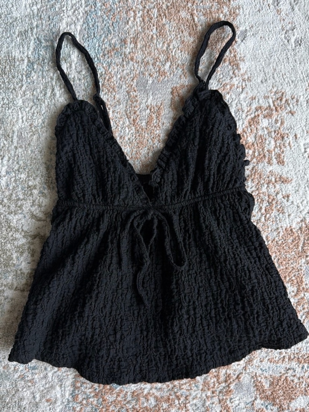 Forever 21 Black Smocked V-Neck Cami with Tie Front